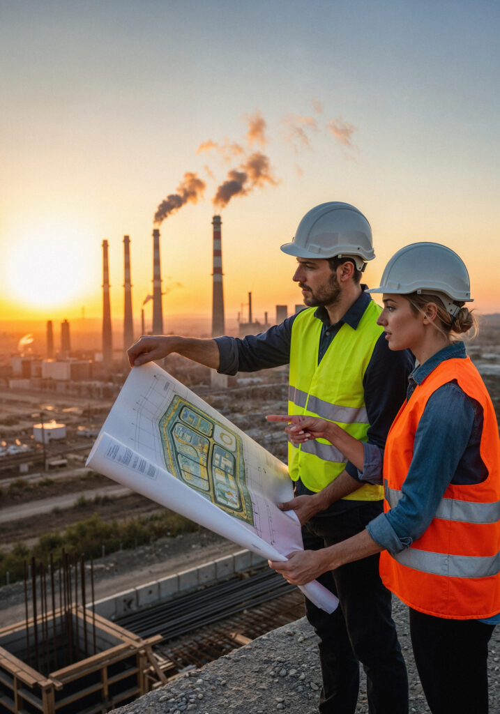 construction workers reviewing blueprints with industrial backdrop